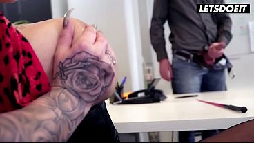 Tattooed Big Tit Secretary Sucks His Cock at the Desk, Sloppy and Deep